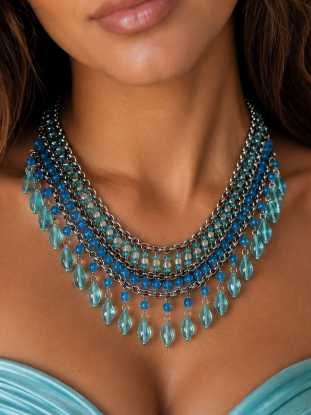 Aquamarine Light Blue Aqua Color Glass Bohemian Vintage Silver Tone Bib Necklace